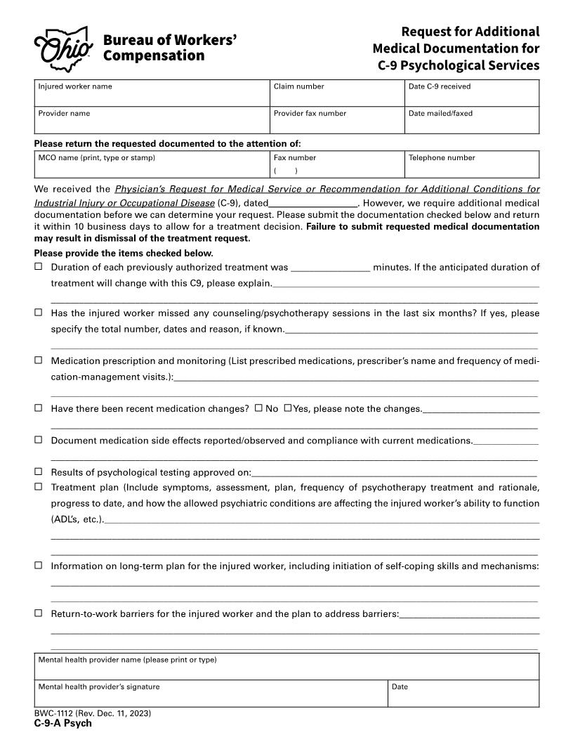 Request For Additional Medical Documentation For C-9 Psychological Services {BWC-1112 Psych} | Pdf Fpdf Docx | Ohio