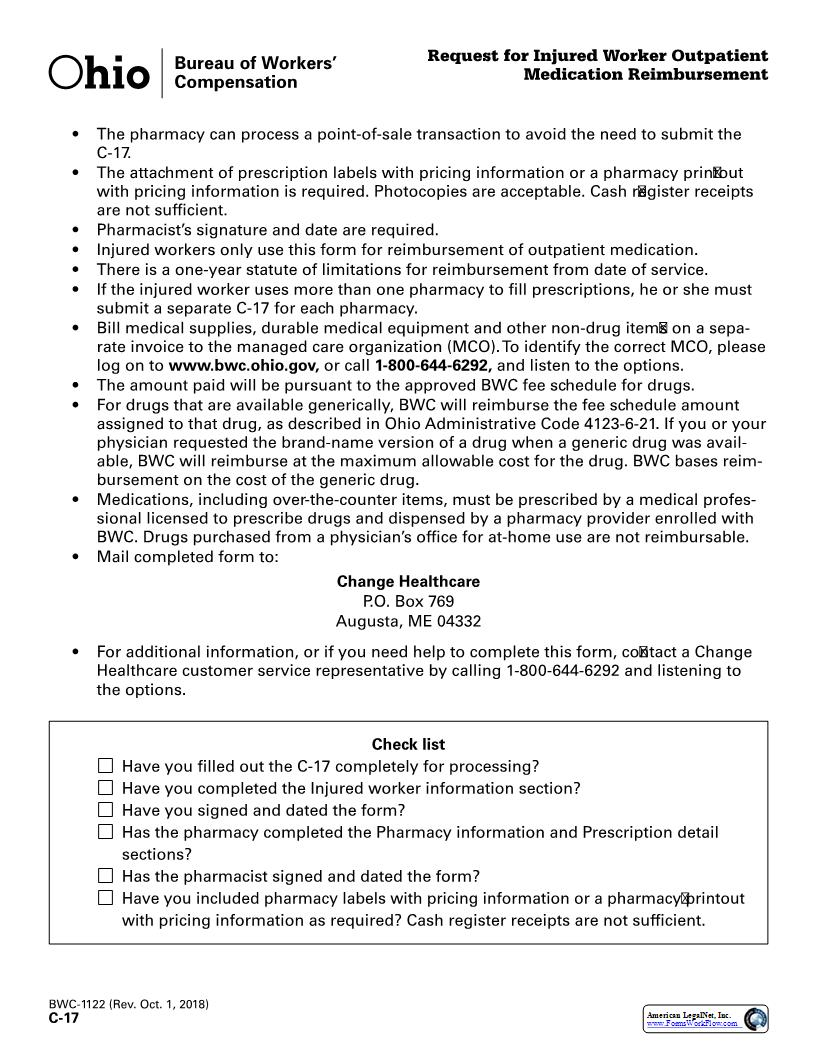 Request For Injured Worker Outpatient Medication Reimbursement {BWC-1122} |  | Ohio