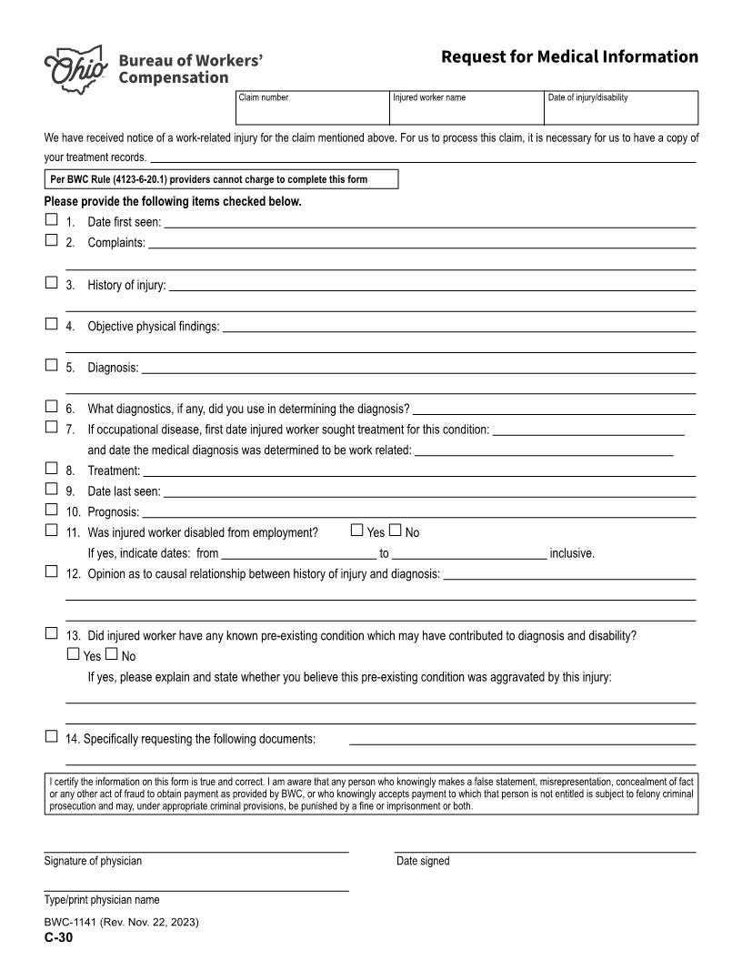 Request For Medical Information {BWC-1141} | Pdf Fpdf Doc Docx | Ohio
