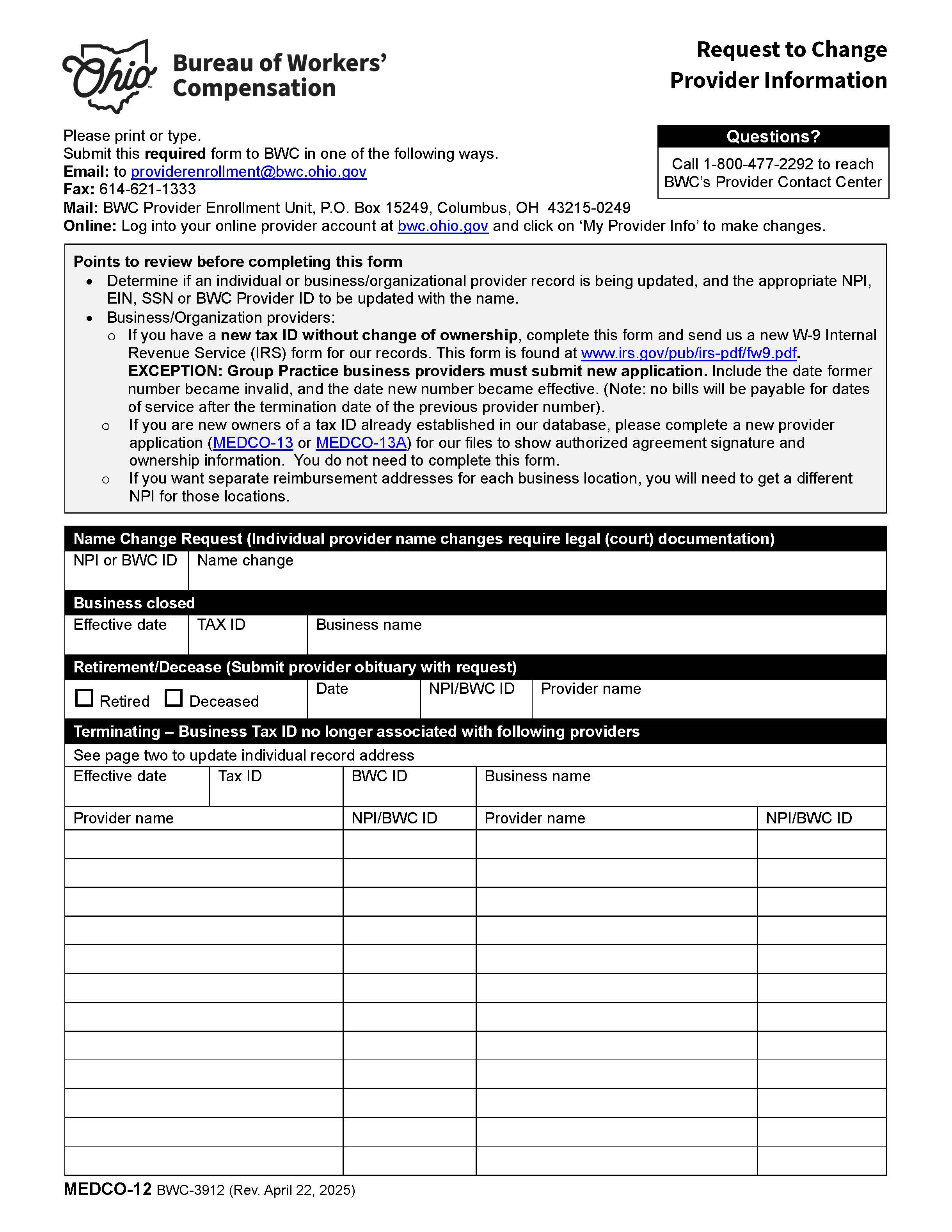Request To Change Provider Information {BWC-3912} | Pdf Fpdf Doc Docx | Ohio