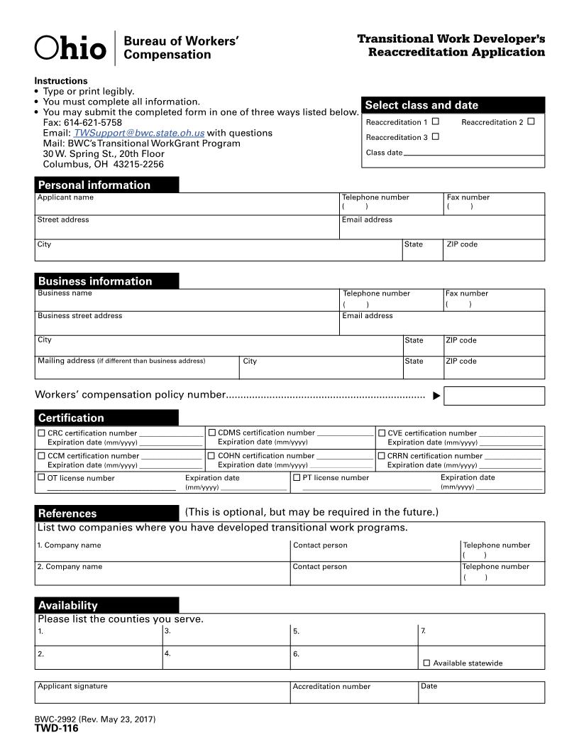 Transactional Work Developers Reaccreditation Appliction {BWC-2992} | Pdf Fpdf Docx | Ohio