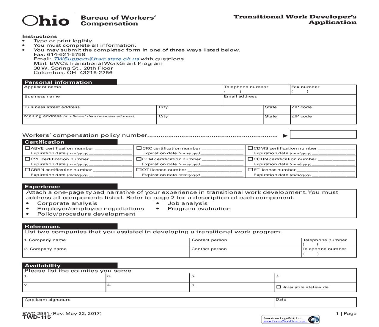 Transitional Work Developers Application {BWC-2991} | Pdf Fpdf Doc Docx | Ohio