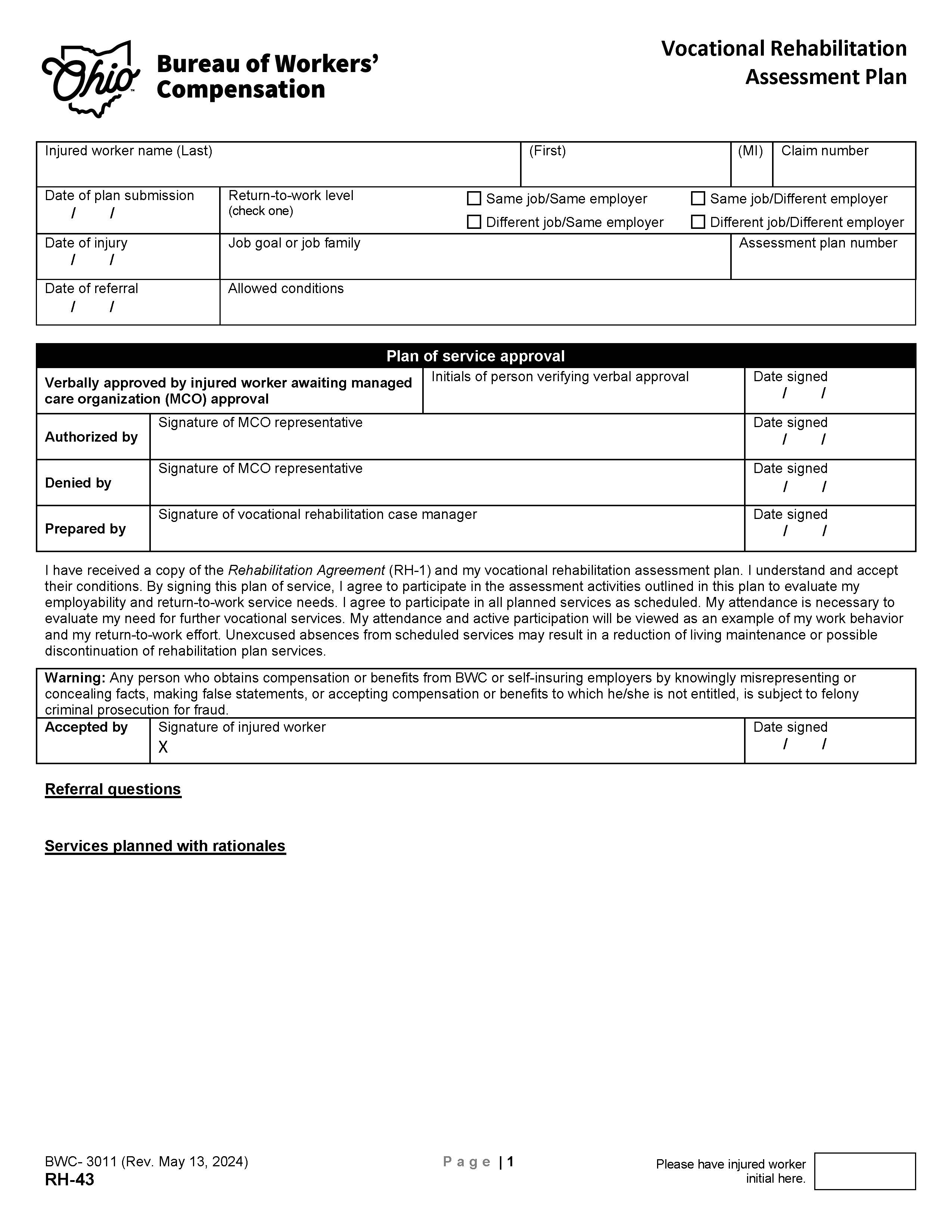 Vocational Rehabilitation Assessment Plan {BWC-3011} | Pdf Fpdf Doc Docx | Ohio