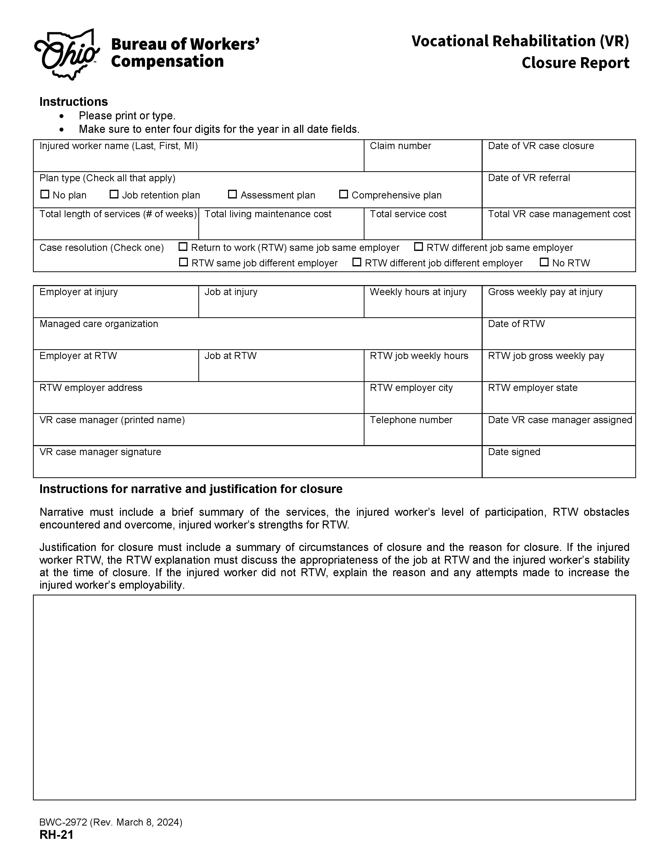 Vocational Rehabilitation Closure Report {BWC-2972} | Pdf Fpdf Doc Docx | Ohio