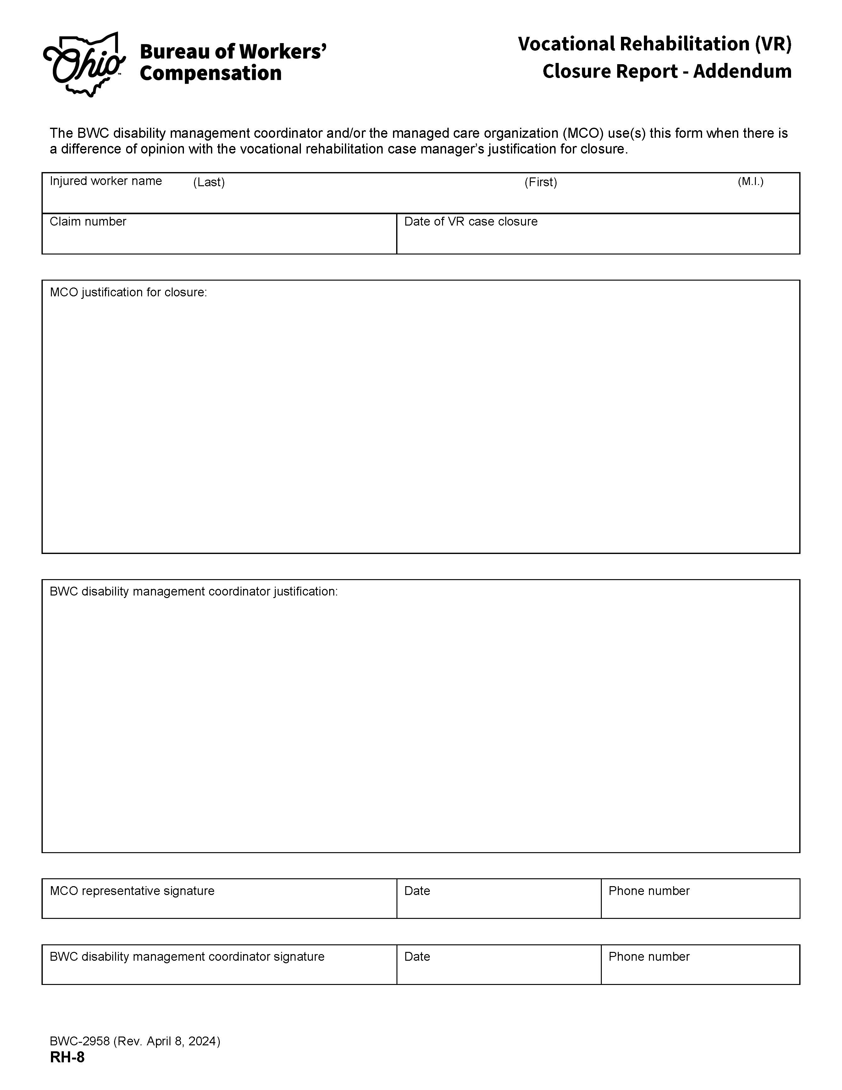 Vocational Rehabilitation Closure Report Addendum {BWC-2958} | Pdf Fpdf Doc Docx | Ohio