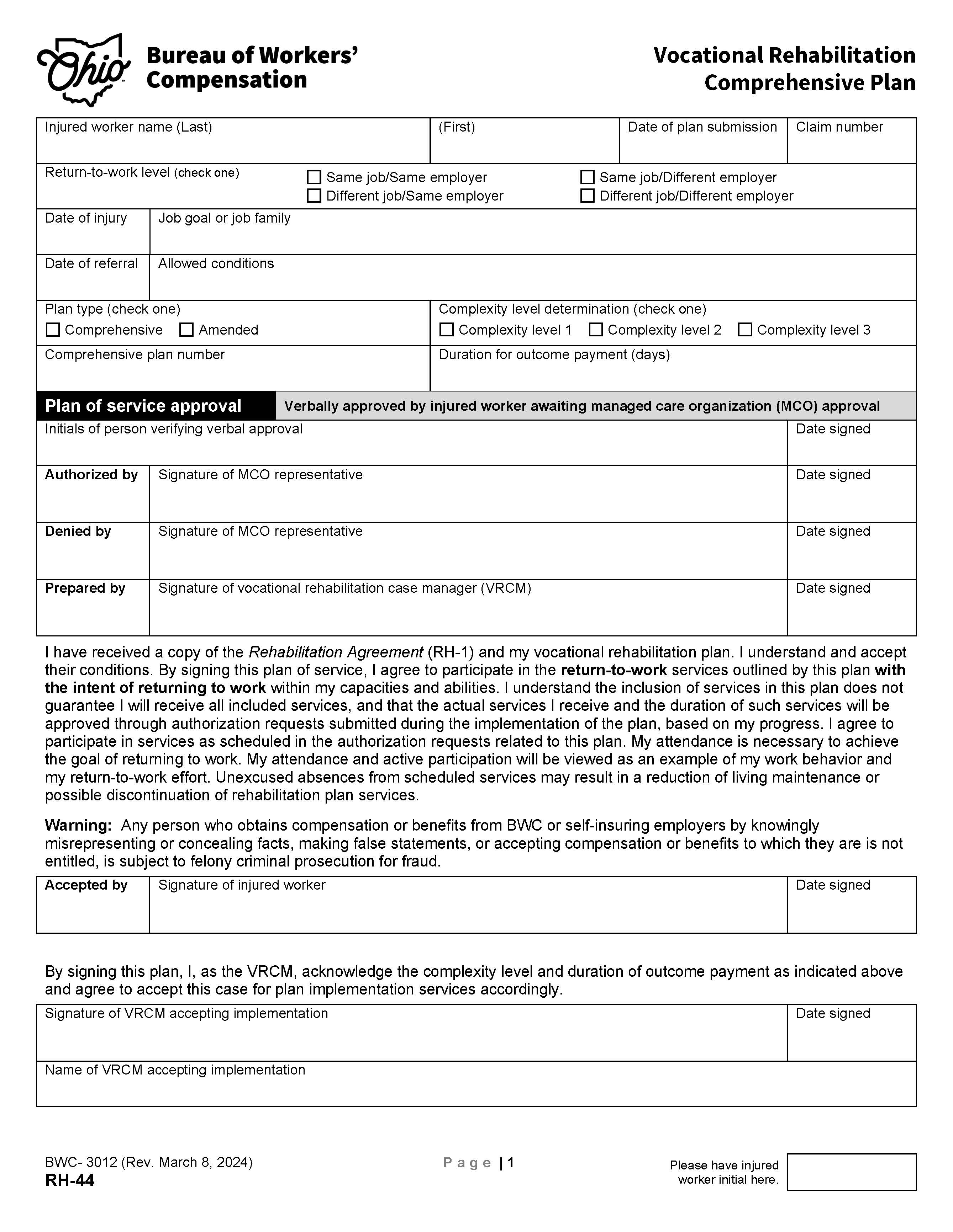 Vocational Rehabilitation Comprehensive Plan {BWC-3012} | Pdf Fpdf Doc Docx | Ohio