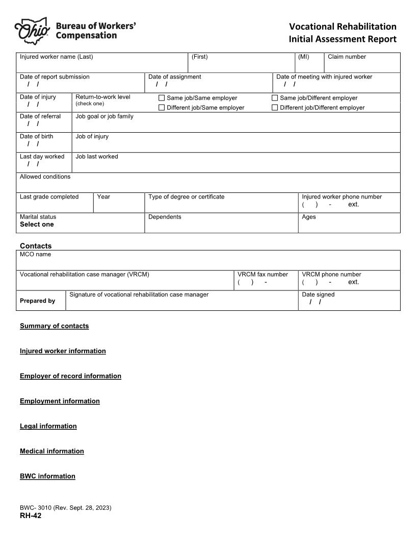 Vocational Rehabilitation Initial Assessment Report {BWC-3010} | Pdf Fpdf Doc Docx | Ohio