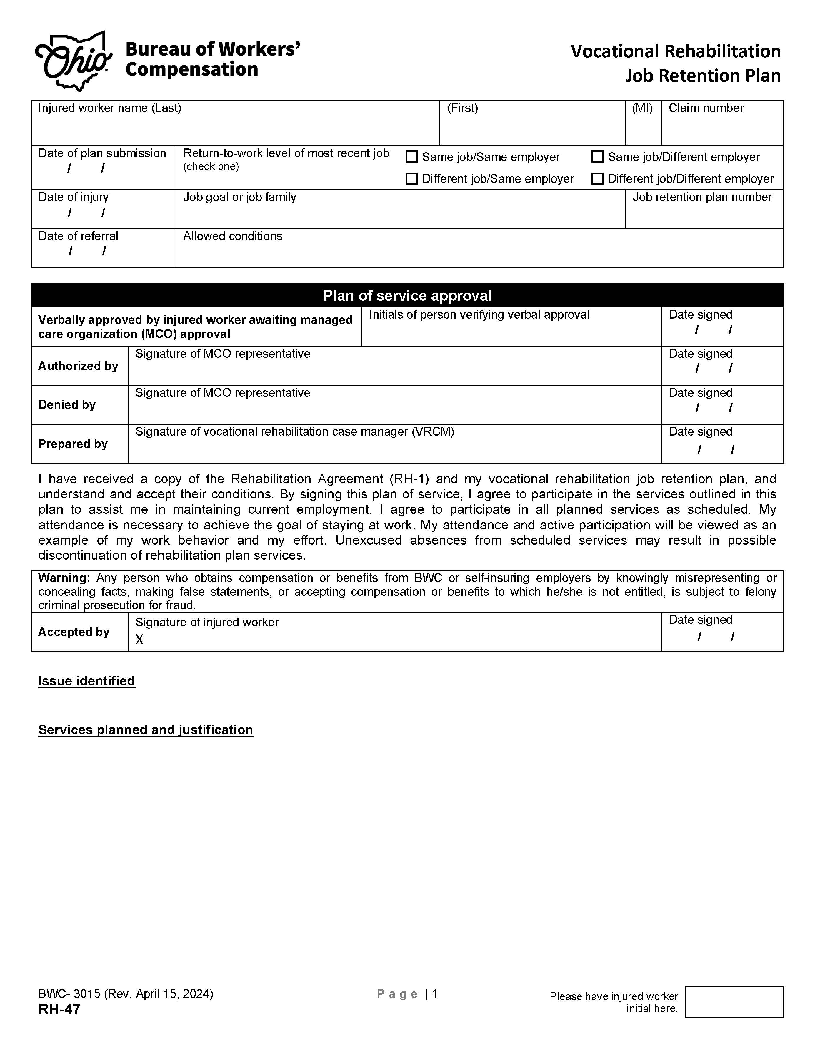 Vocational Rehabilitation Job Retention Plan {BWC-3015} | Pdf Fpdf Doc Docx | Ohio