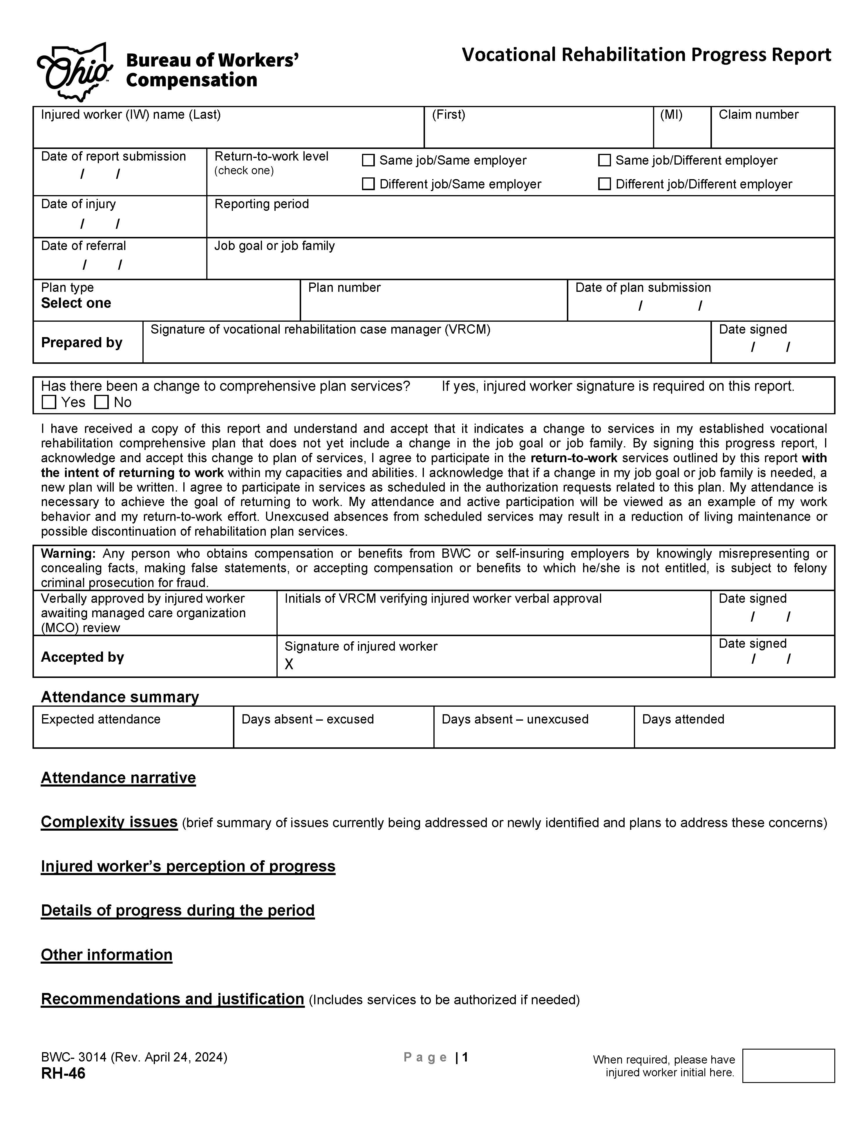 Vocational Rehabilitation Progress Report {BWC-3014} | Pdf Fpdf Doc Docx | Ohio