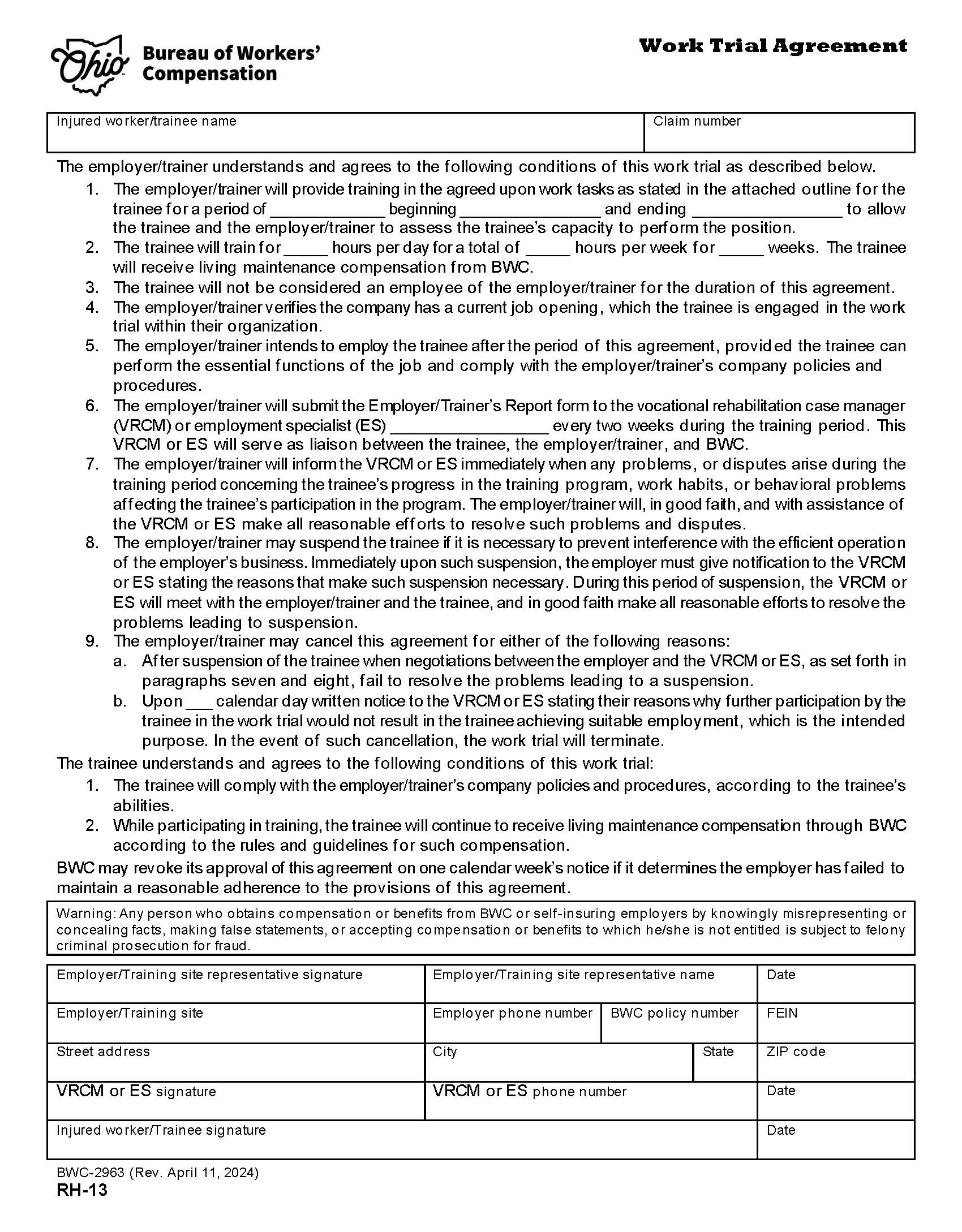 Work Trial Agreement {BWC-2963} | Pdf Fpdf Doc Docx | Ohio