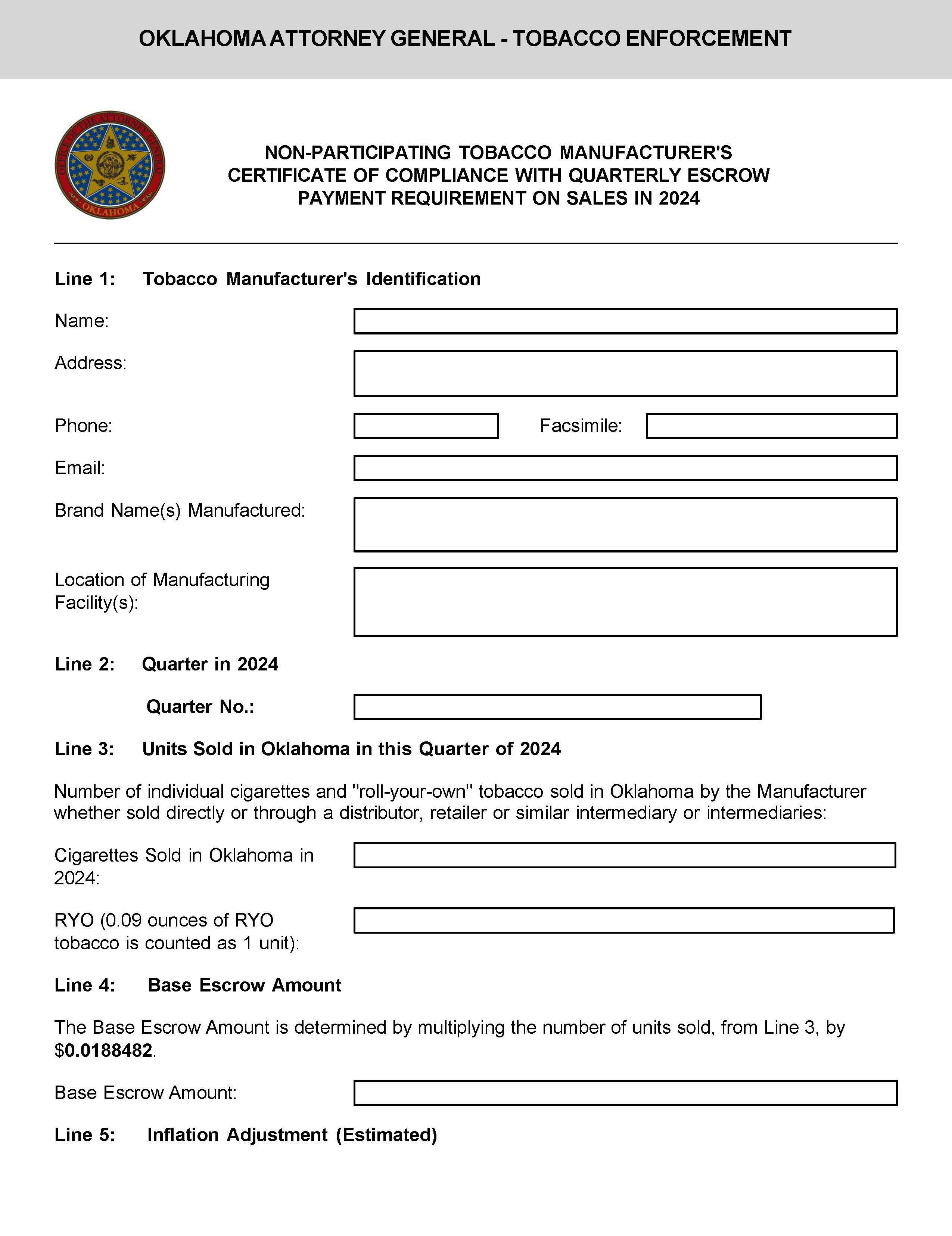 Non Participating Tobacco Manufacturers Certificate | Pdf Fpdf Docx | Oklahoma