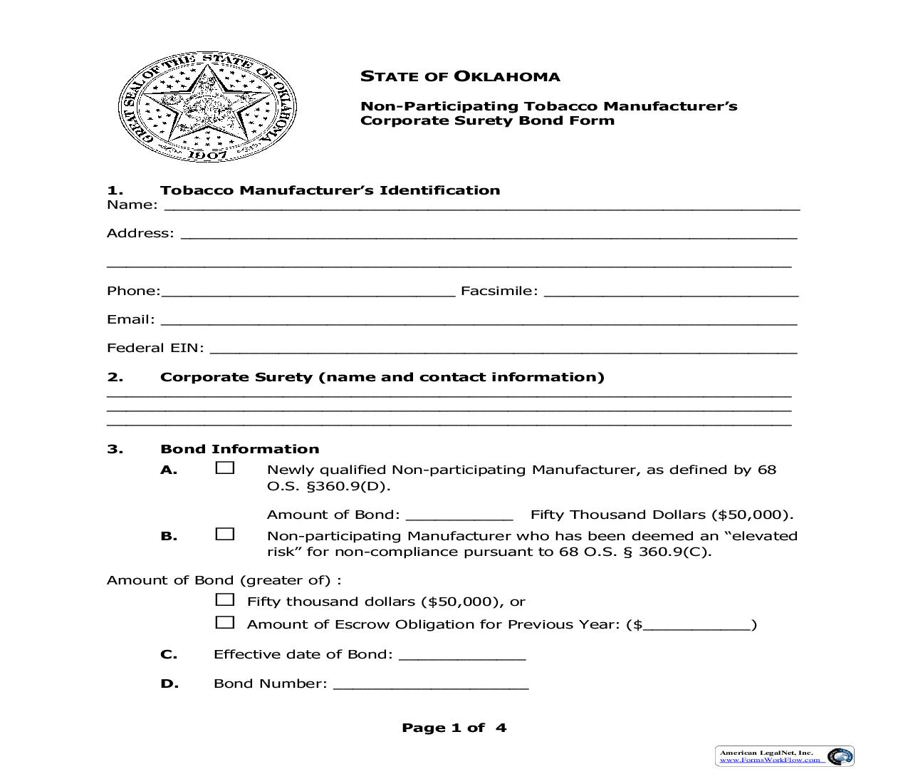 Non-Participating Tobacco Manufacturers Corporate Surety Bond Form {OAG-TOB5} | Pdf Fpdf Doc Docx | Oklahoma