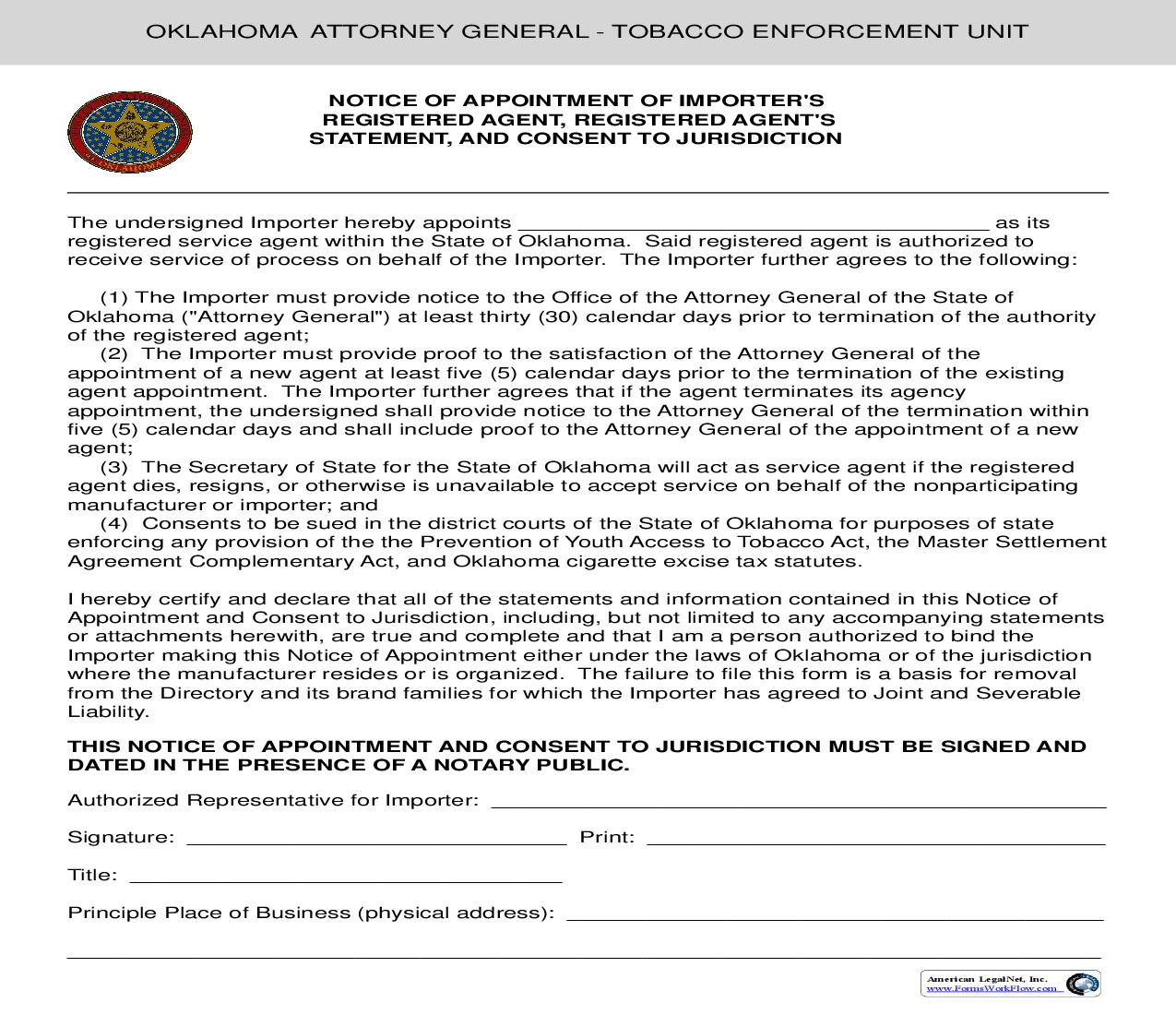 Notice Of Appointment Of Registered Agent And Registered Agents Statement And Consent To Jurisdiction {OAG-TOB6} | Pdf Fpdf Doc Docx | Oklahoma