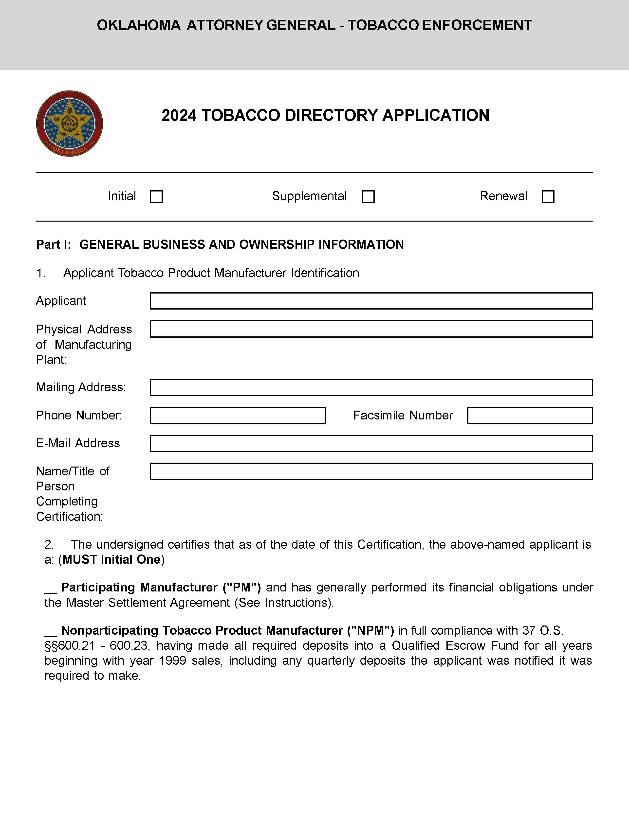 Tobacco Directory Application | Pdf Fpdf Docx | Oklahoma