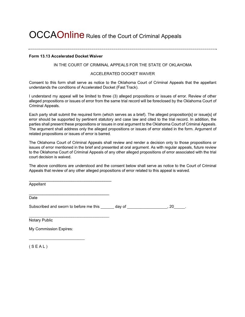 Accelerated Docket Waiver {13.13} | Pdf Fpdf Doc Docx | Oklahoma