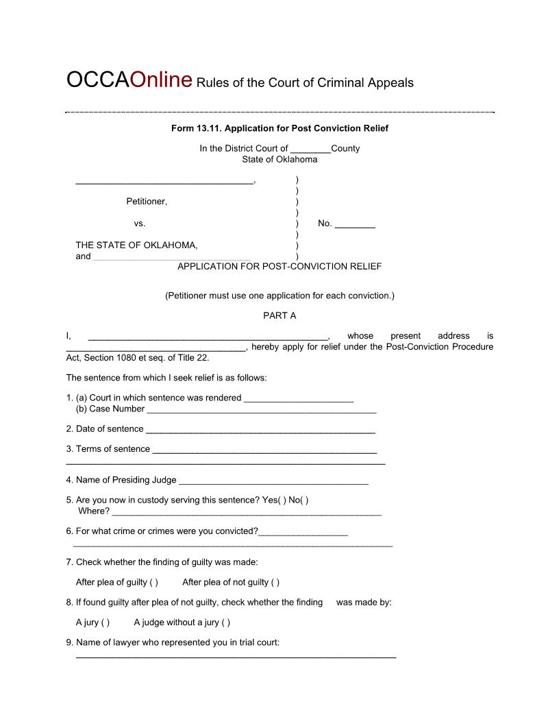 Application For Post Conviction Relief {13-11} | Pdf Fpdf Doc Docx | Oklahoma