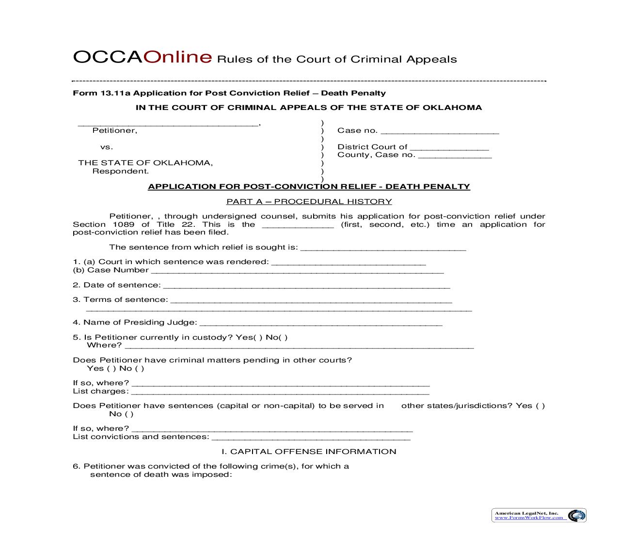 Application For Post Conviction Relief Death Penalty {13.11a} | Pdf Fpdf Doc Docx | Oklahoma