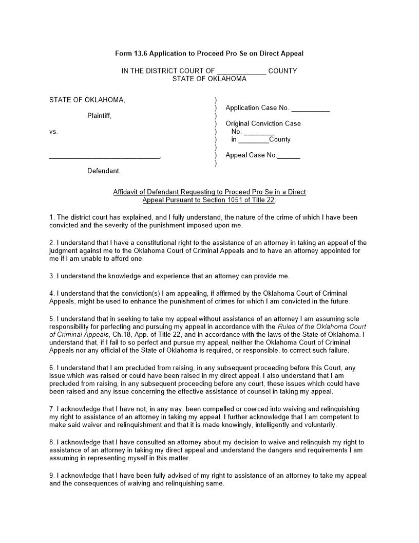 Application Proceed Pro Se On Direct Appeal {13.6} | Pdf Fpdf Doc Docx | Oklahoma