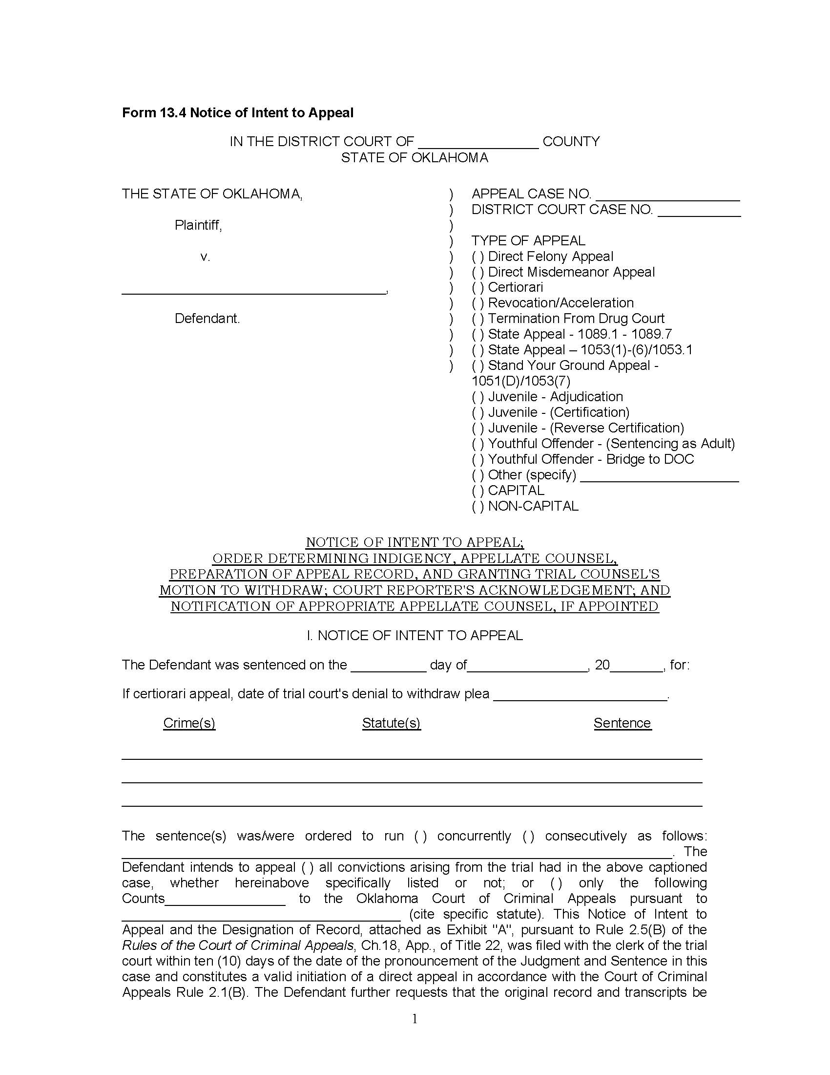 Notice Of Intent To Appeal {13.4} | Pdf Fpdf Doc Docx | Oklahoma