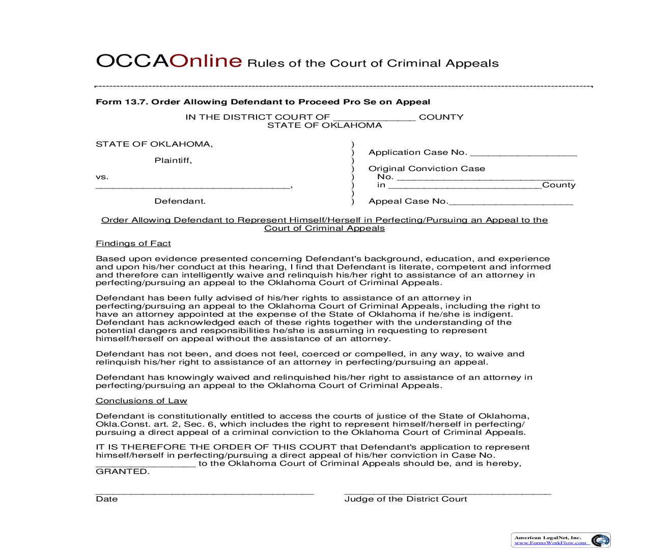 Order Allowing Defendant To Proceed Pro Se On Appeal {13.7} | Pdf Fpdf Doc Docx | Oklahoma