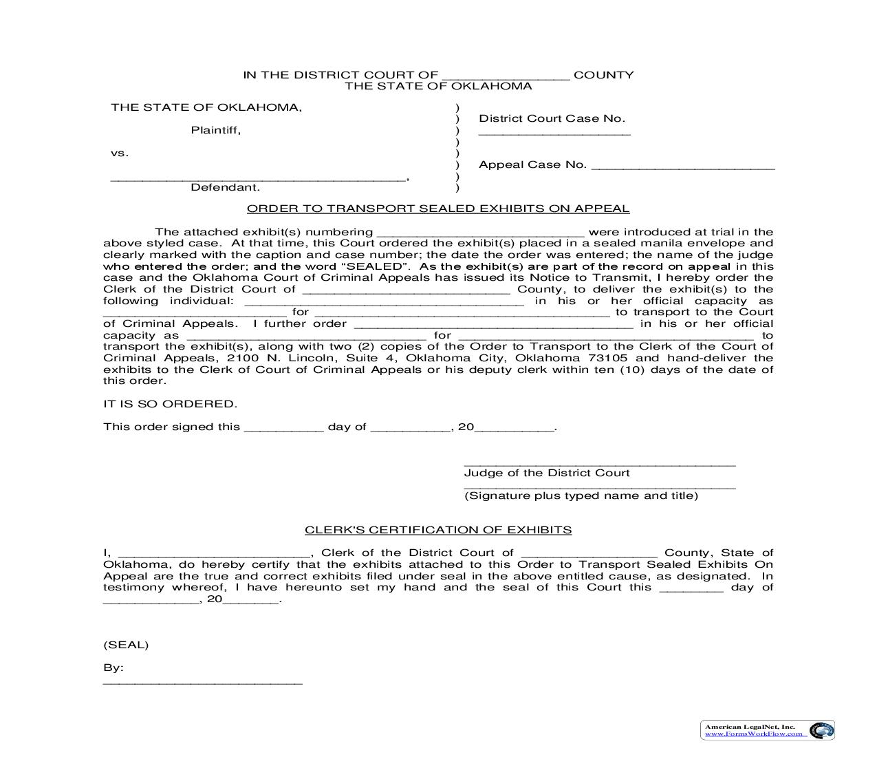 Order To Transport Sealed Exhibits On Appeal {13.16} | Pdf Fpdf Doc Docx | Oklahoma