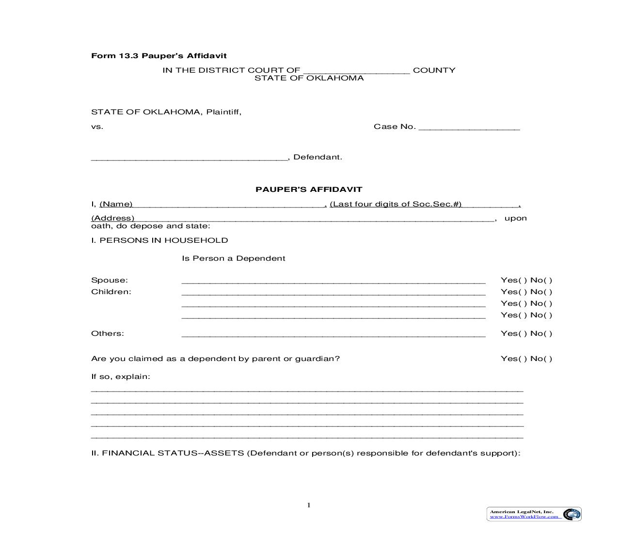 Paupers Affidavit {13.3} | Pdf Fpdf Doc Docx | Oklahoma