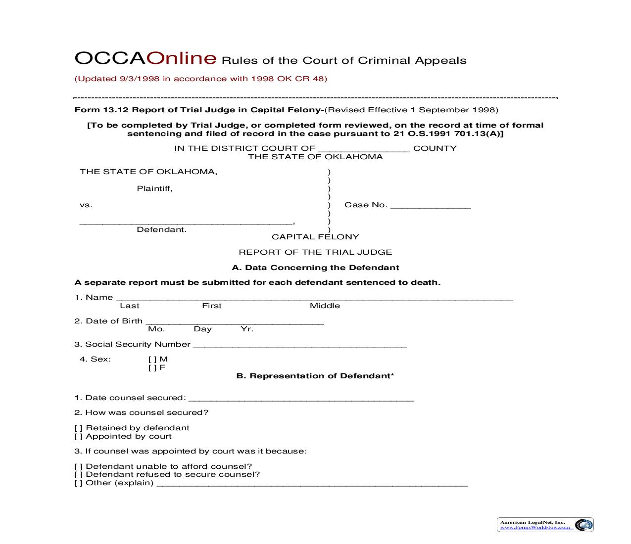 Report Of Trial Judge In Capital Felony {13.12} | Pdf Fpdf Doc Docx | Oklahoma