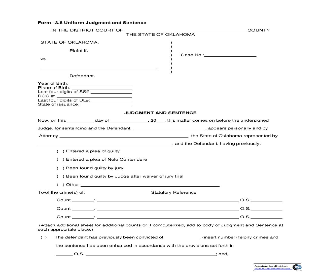 Uniform Judgment And Sentence {13.8} | Pdf Fpdf Doc Docx | Oklahoma