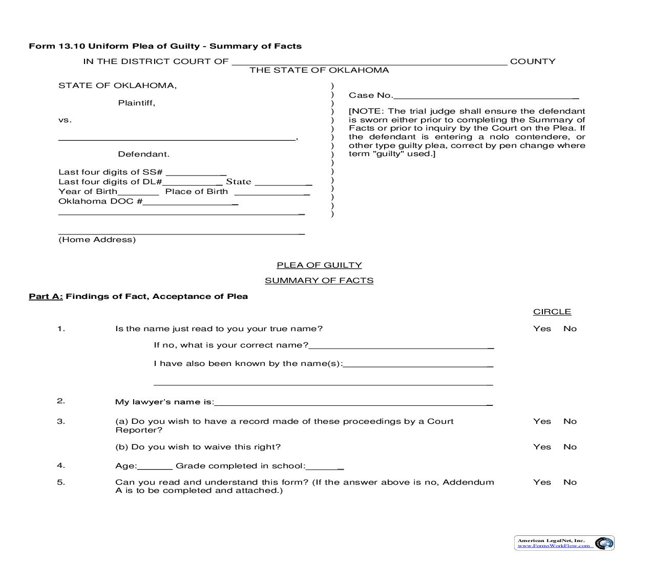 Uniform Plea Of Guilty Summary Of Facts {13.10} | Pdf Fpdf Doc Docx | Oklahoma