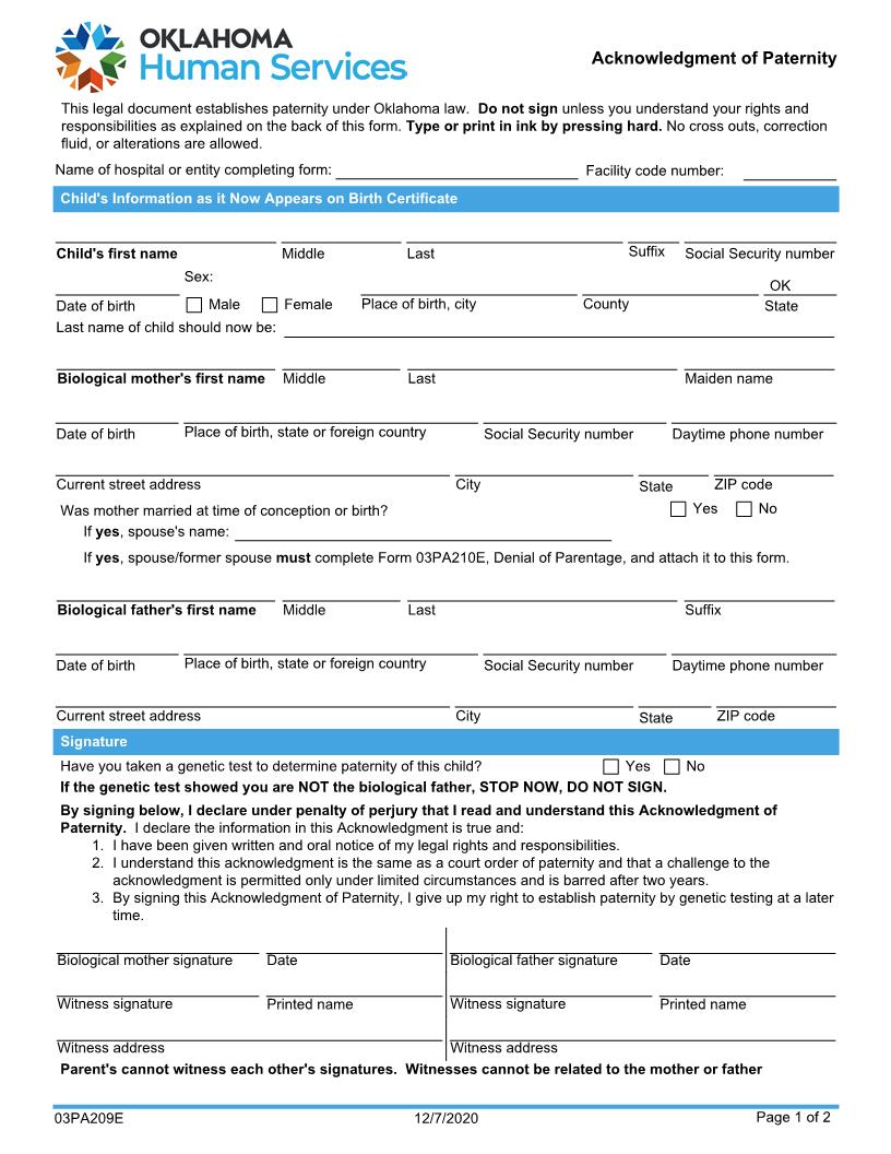 Acknowledgment Of Paternity {03PA209E} | Pdf Fpdf Docx | Oklahoma