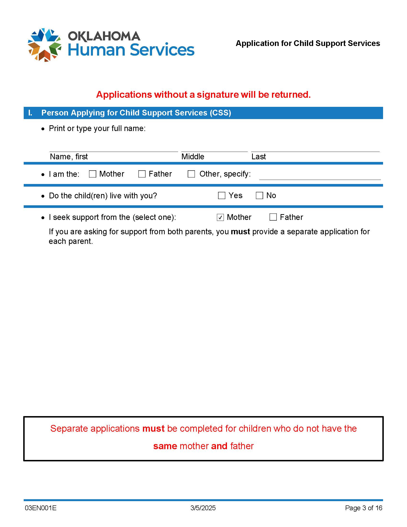 Application For Child Support Services {03EN001E} | Pdf Fpdf Docx | Oklahoma