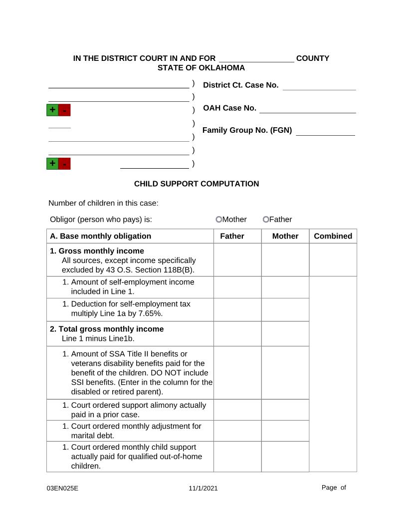 Child Support Computation {03EN025E} | Pdf Fpdf Docx | Oklahoma