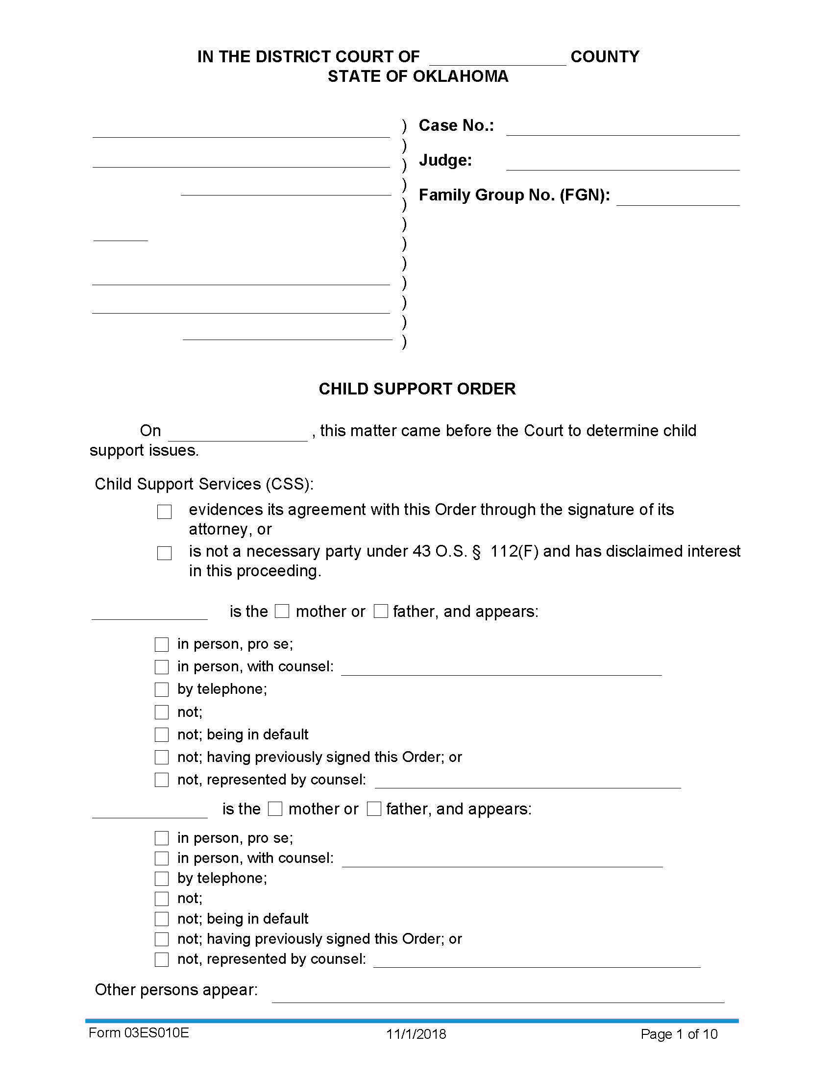 Child Support Order {03ES010E} | Pdf Fpdf Doc Docx | Oklahoma