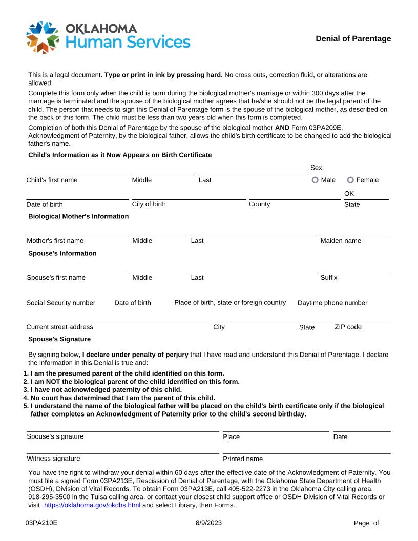 Denial Of Parentage {03PA210E} | Pdf Fpdf Docx | Oklahoma