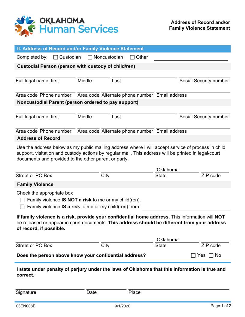 Family Violence Address Of Record Statement {03EN008E} | Pdf Fpdf Doc Docx | Oklahoma