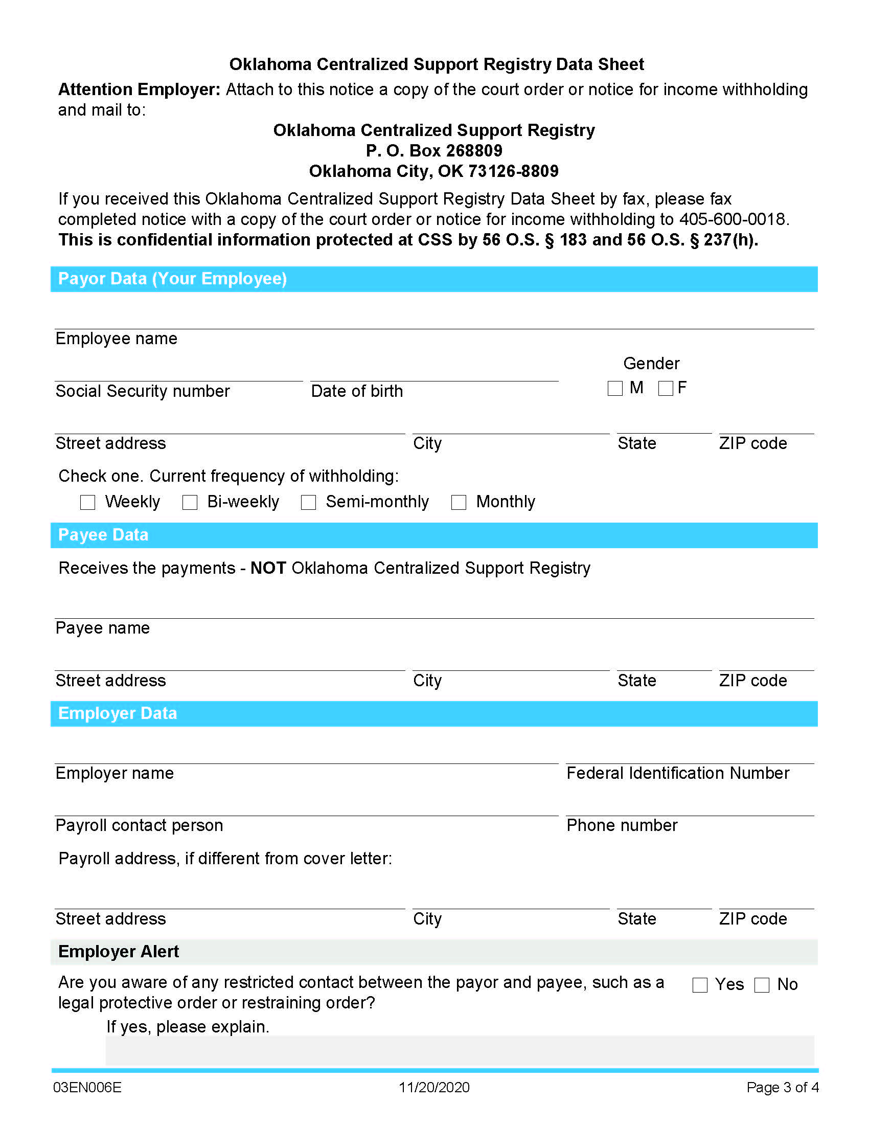 Initial Notice To Employers Re Child Support Payments {03EN006E} | Pdf Fpdf Doc Docx | Oklahoma