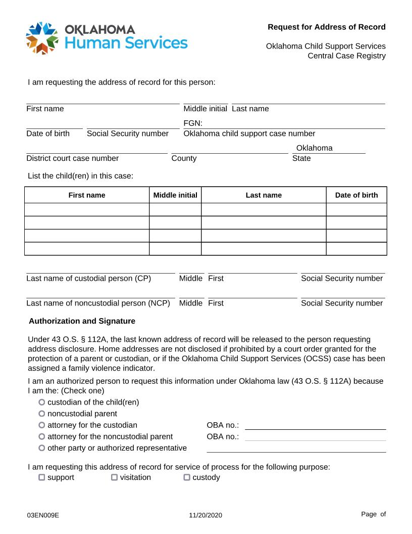 Request For Address Of Record | Pdf Fpdf Doc Docx | Oklahoma