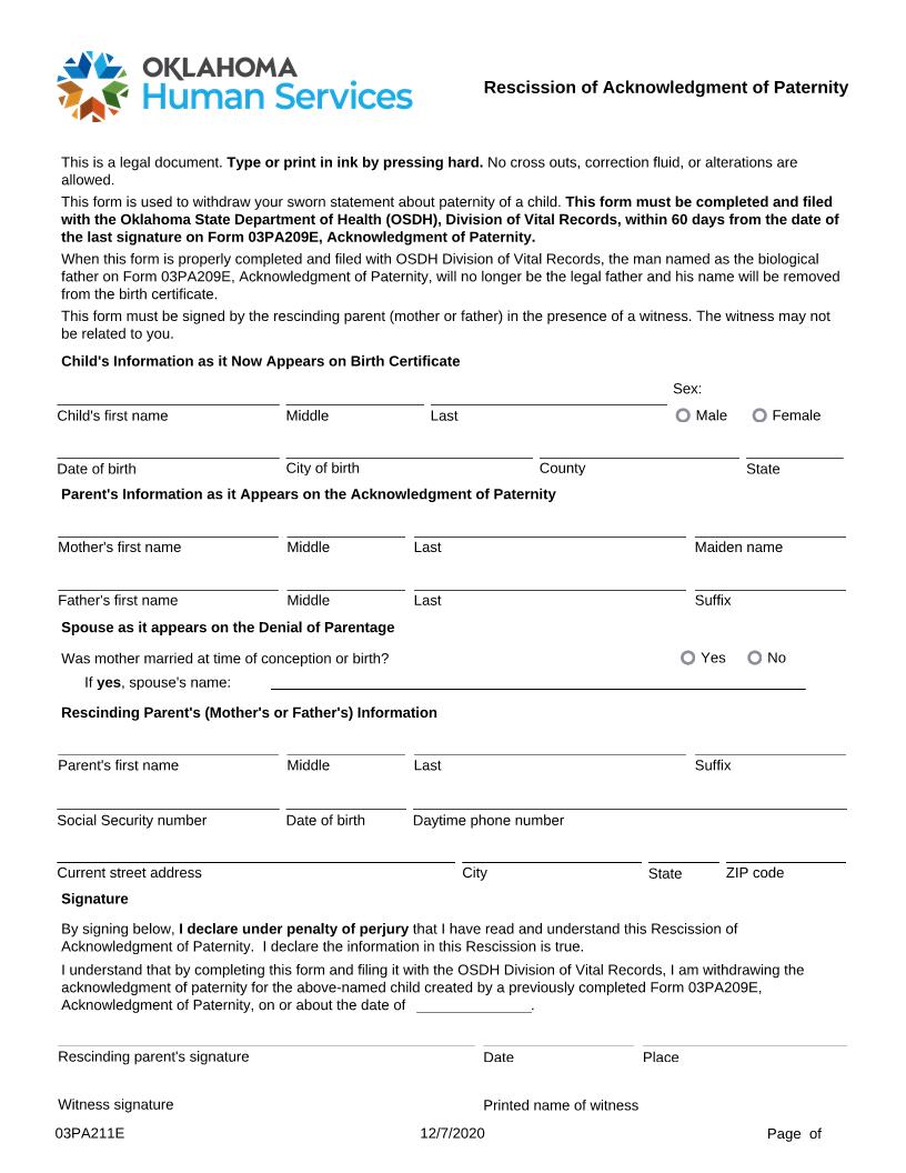 Rescission Of Acknowledgment Of Paternity {03PA211E} | Pdf Fpdf Docx | Oklahoma