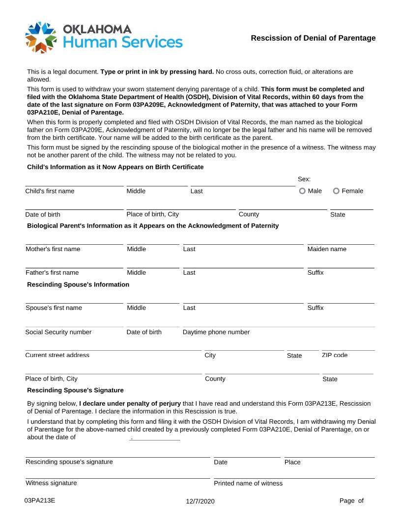 Rescission Of Denial Of Parentage {03PA213E} | Pdf Fpdf Docx | Oklahoma