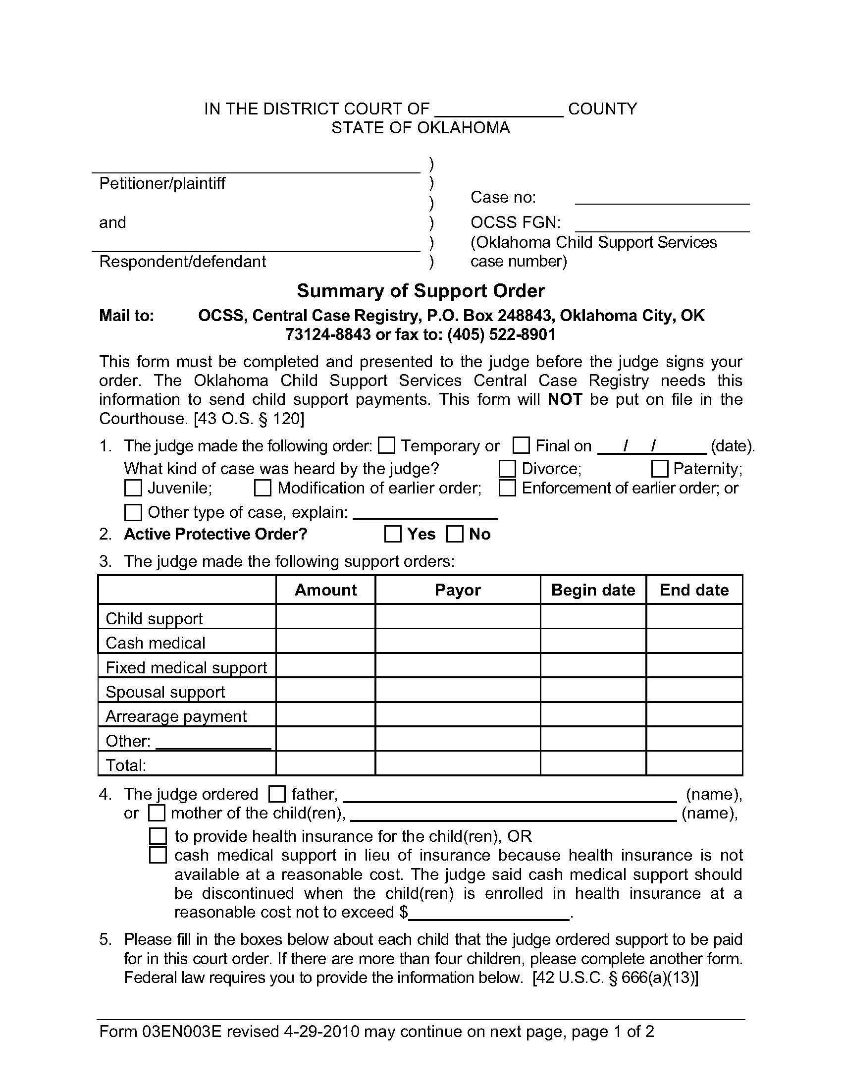 Summary Of Support Order | Pdf Fpdf Doc Docx | Oklahoma