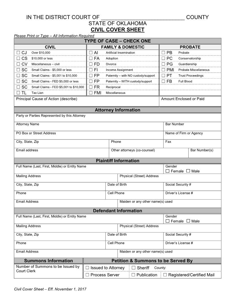 Civil Cover Sheet | Pdf Fpdf Doc Docx | Oklahoma