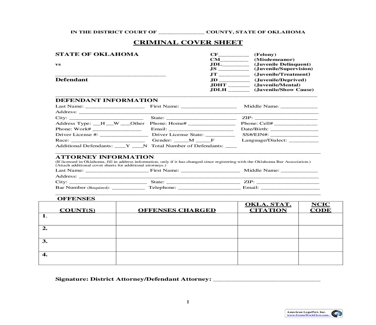 Criminal Cover Sheet | Pdf Fpdf Doc Docx | Oklahoma