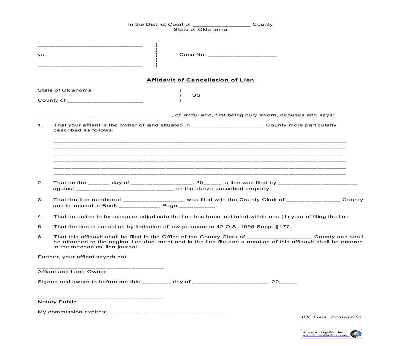 Affidavit Of Cancellation Of Lien {4} | Pdf Fpdf Doc Docx | Oklahoma