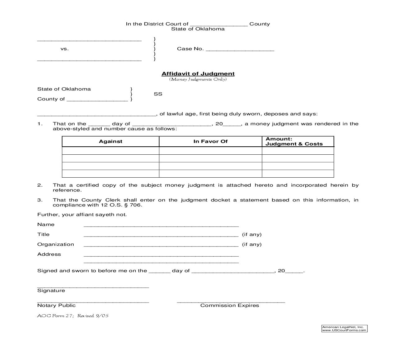 Affidavit Of Judgment (Money Only) {27} | Pdf Fpdf Doc Docx | Oklahoma