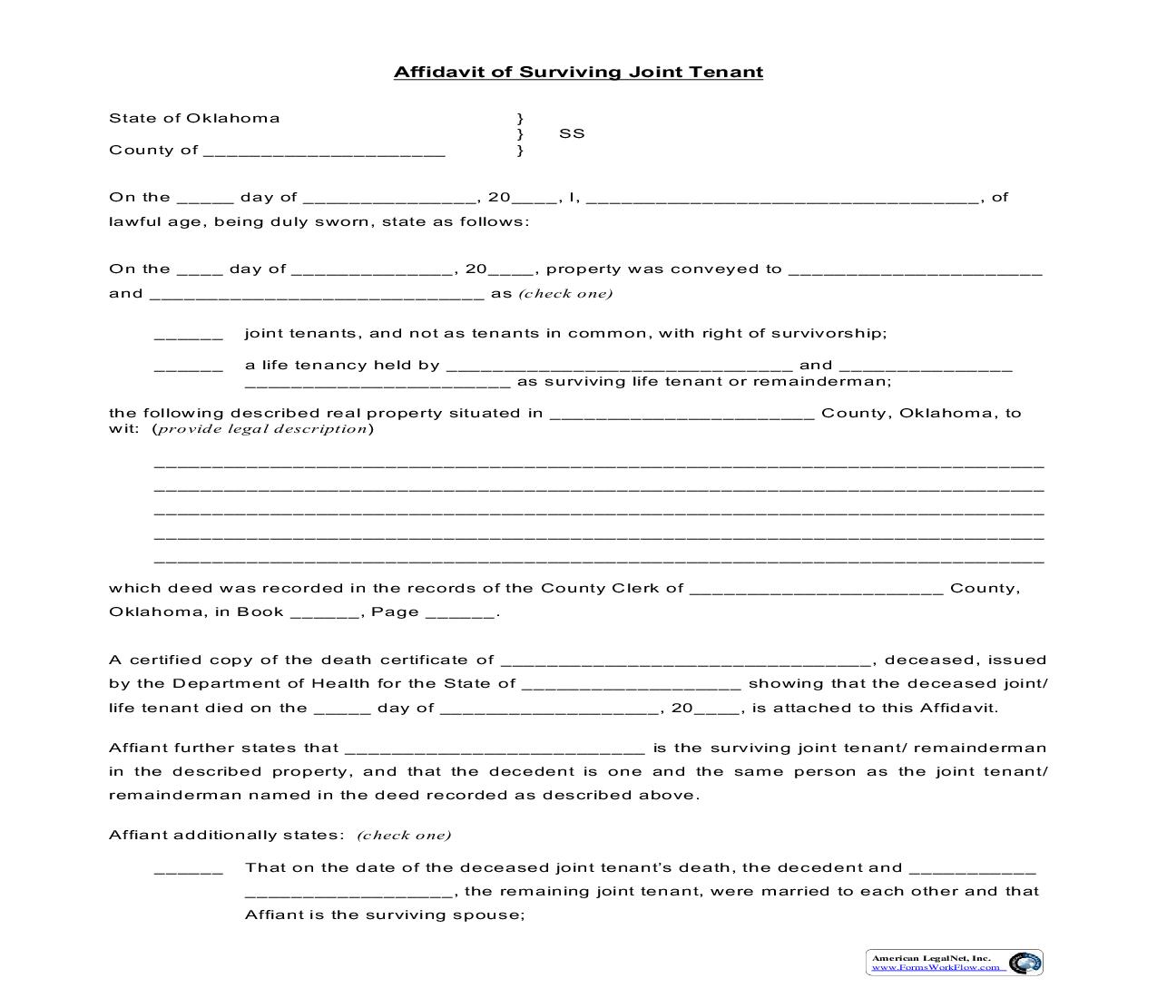 Affidavit Of Surviving Joint Tenant {20} | Pdf Fpdf Doc Docx | Oklahoma