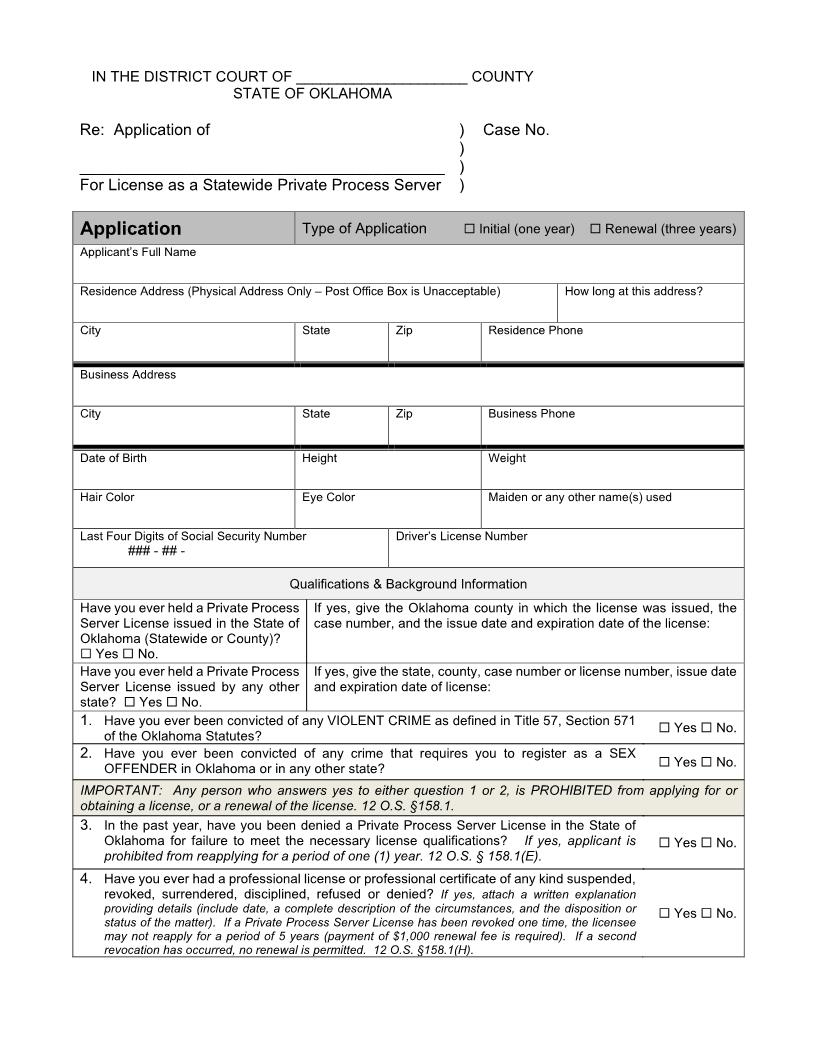 Application For License As A Statewide Private Process Server | Pdf Fpdf Doc Docx | Oklahoma