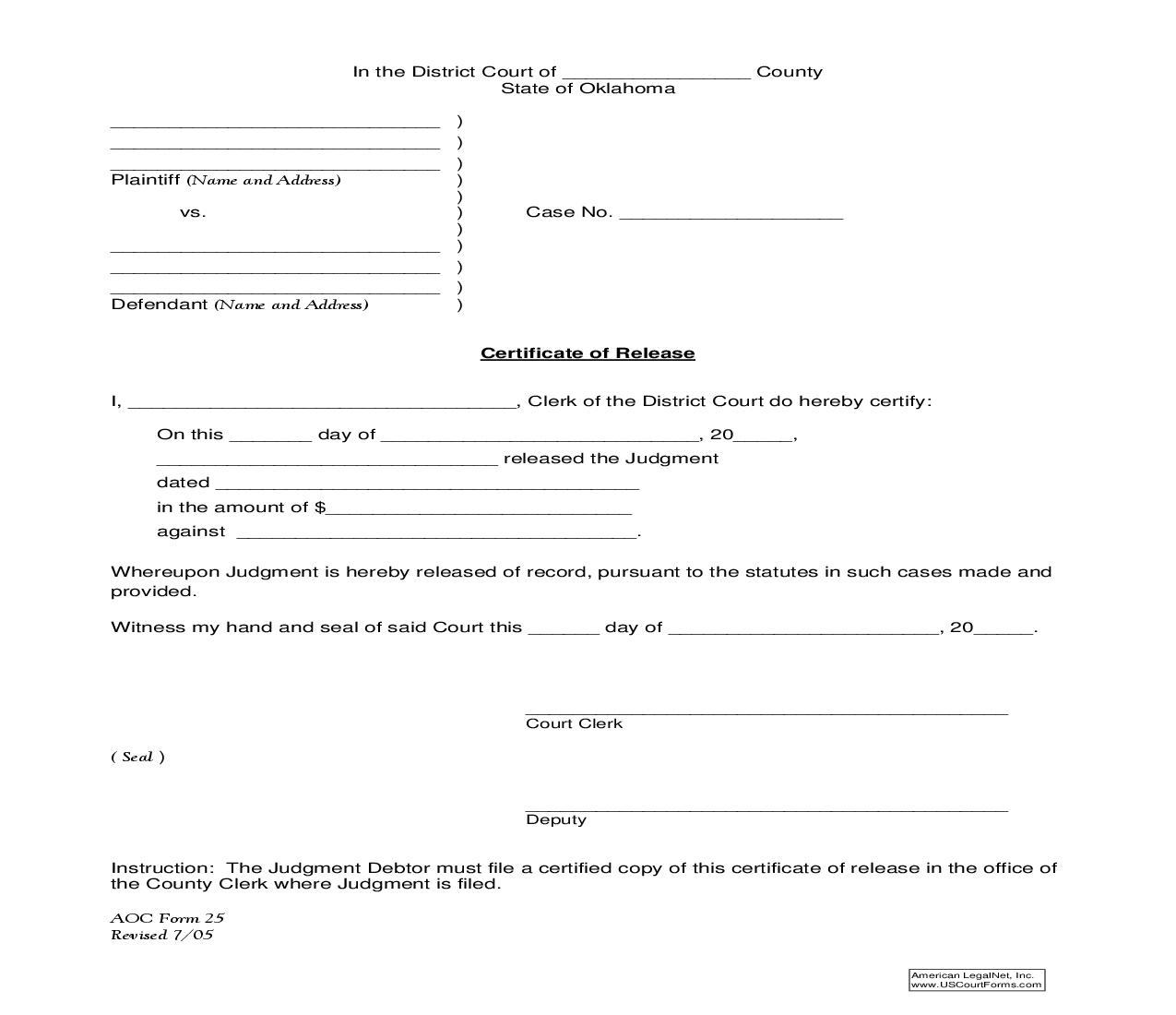 Certification Of Release {25} | Pdf Fpdf Doc Docx | Oklahoma