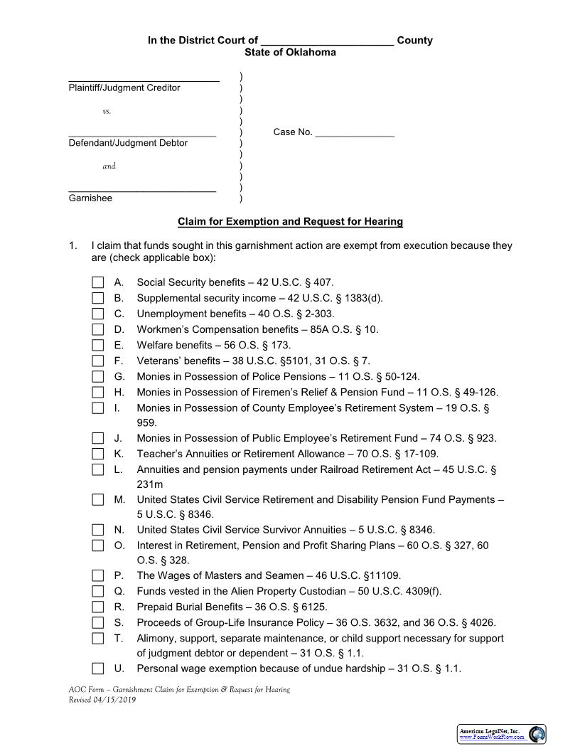 Claim For Exemption And Request For Hearing {22} | Pdf Fpdf Docx | Oklahoma