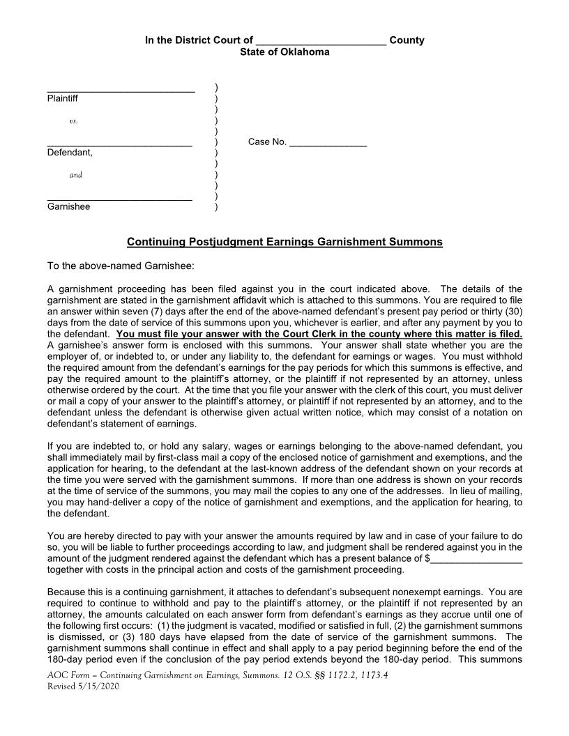 Continuing Postjudgment Earnings Garnishment Summons {52B} | Pdf Fpdf Doc Docx | Oklahoma