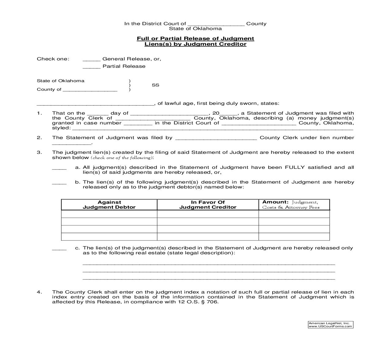 Full Or Partial Release Of Judgment Liens By Judgment Creditor {21} | Pdf Fpdf Doc Docx | Oklahoma